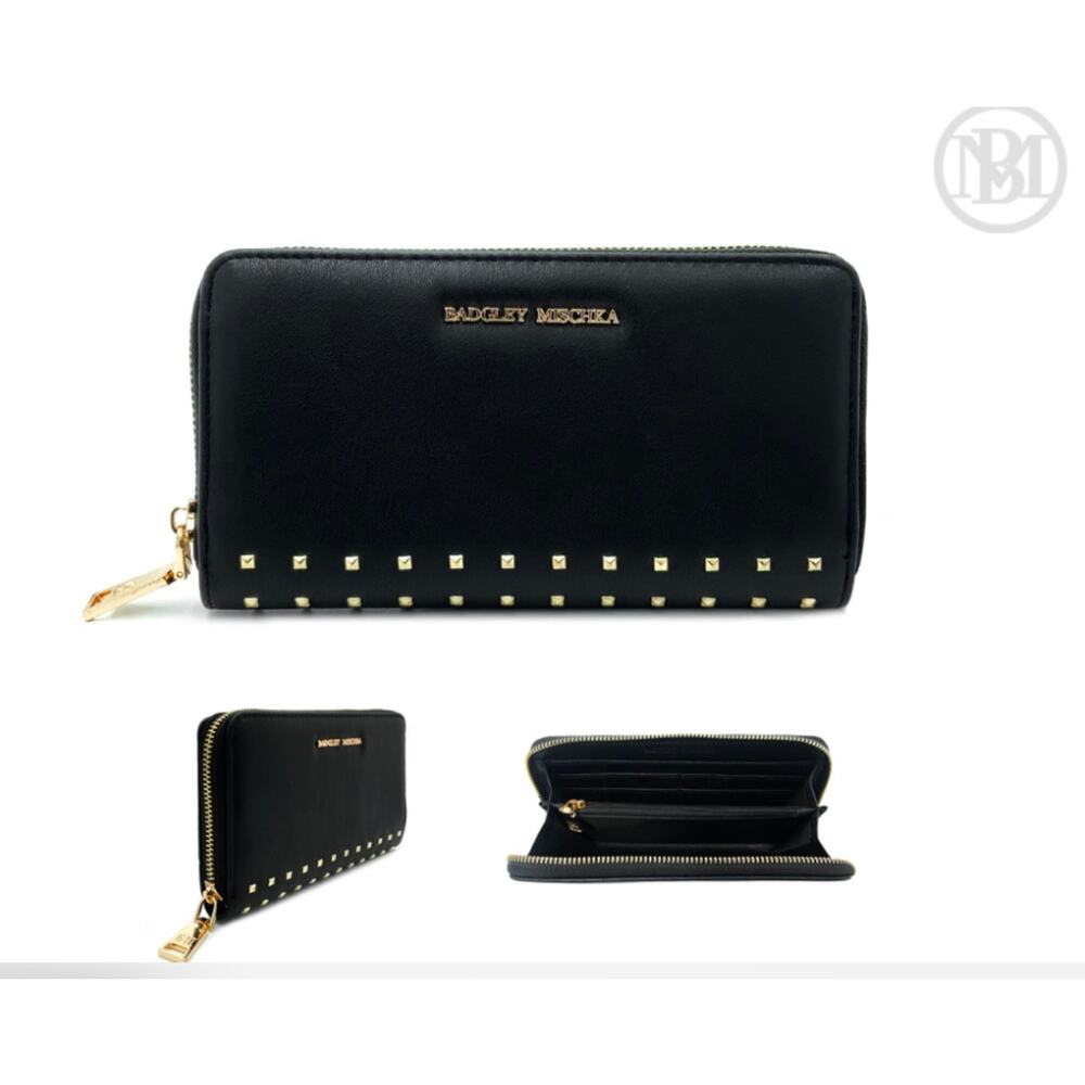 NWT Badgley Mischka Studded Zip Around Wallet Black Gold MSRP $59 - Picture 6 of 6